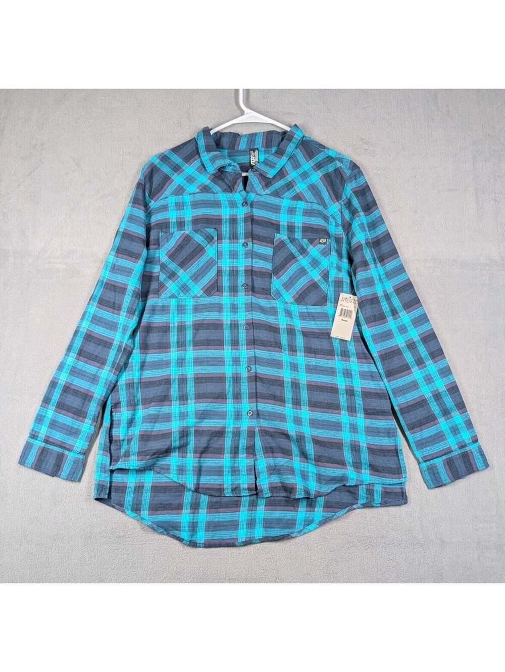 Fox Womens XL Blue Plaid Flannel Button Shirt Long Sleeve Outdoor Casual New